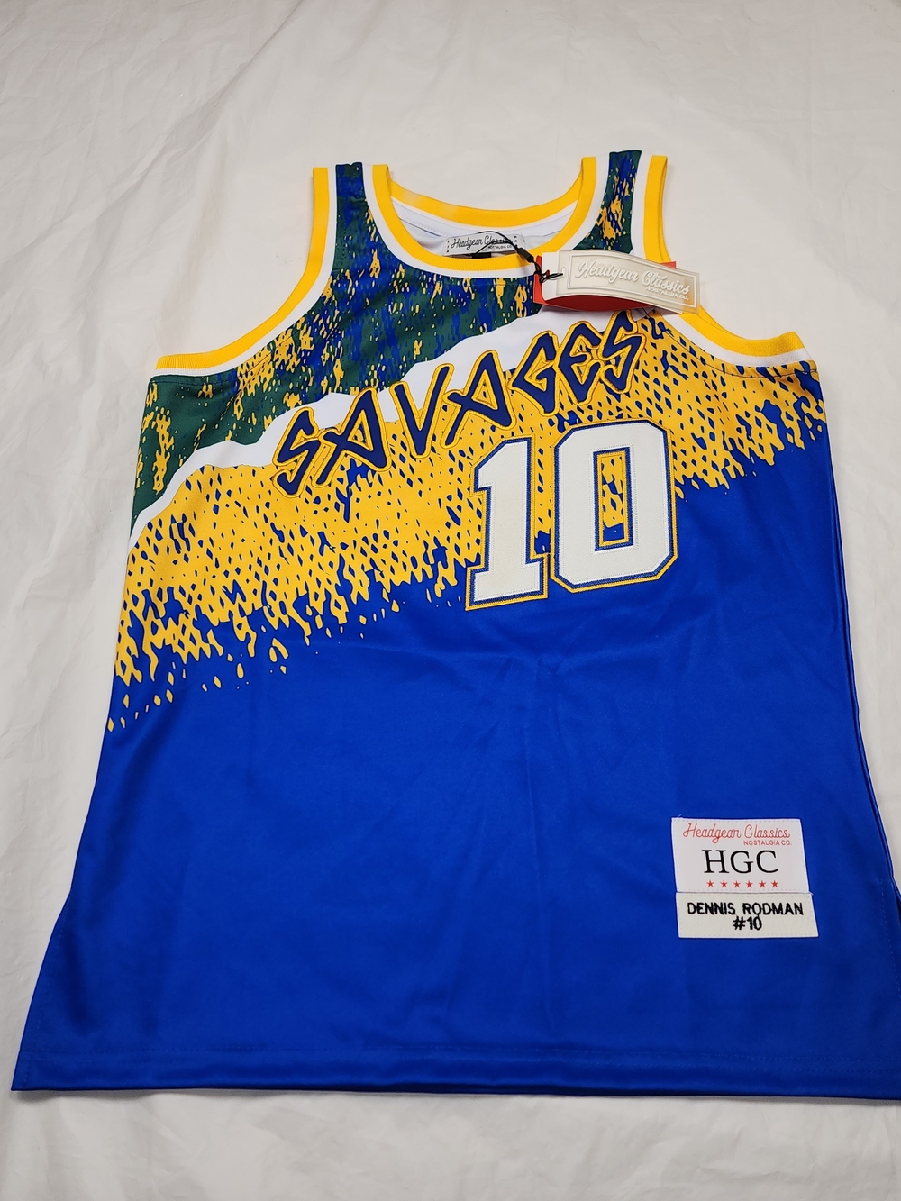 HEADGEAR CLASSICS MEN'S SAVAGES DENNIS RODMAN #10 BASKETBALL JERSEY BLUE SIZE SM
